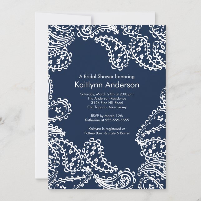 Invitación a la ducha nupcial Paisley Azul blanco  (Anverso)