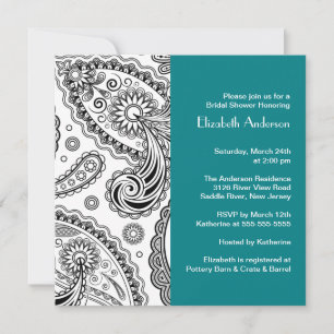 Invitación a la ducha nupcial Paisley Black & Turq
