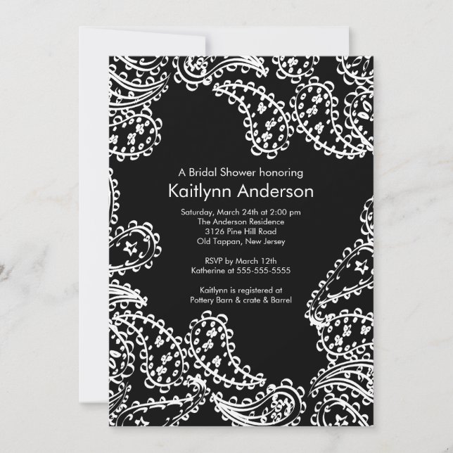 Invitación a la ducha nupcial Paisley blanco y neg (Anverso)