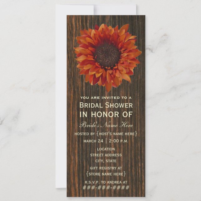 Invitación a la ducha nupcial rústica de girasol y (Anverso)