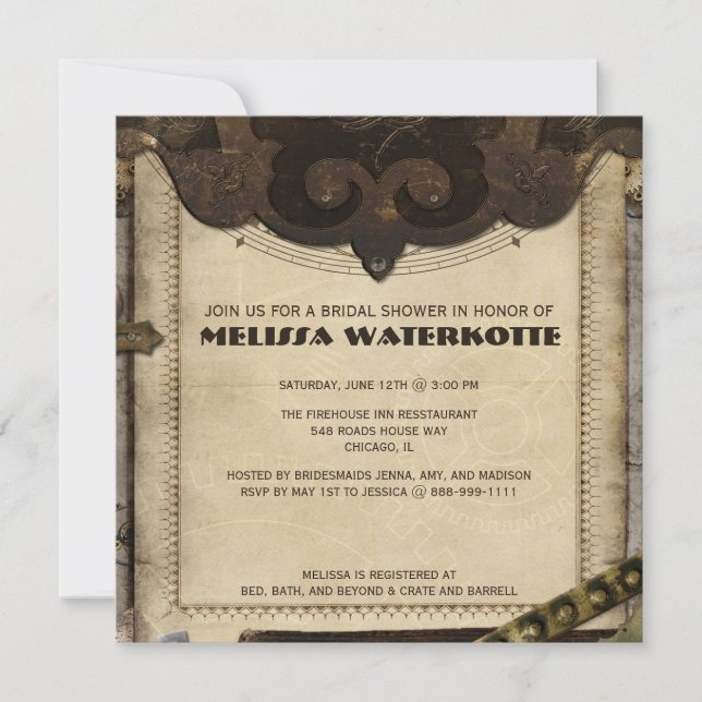 Invitación a la ducha nupcial Steampunk (Anverso)