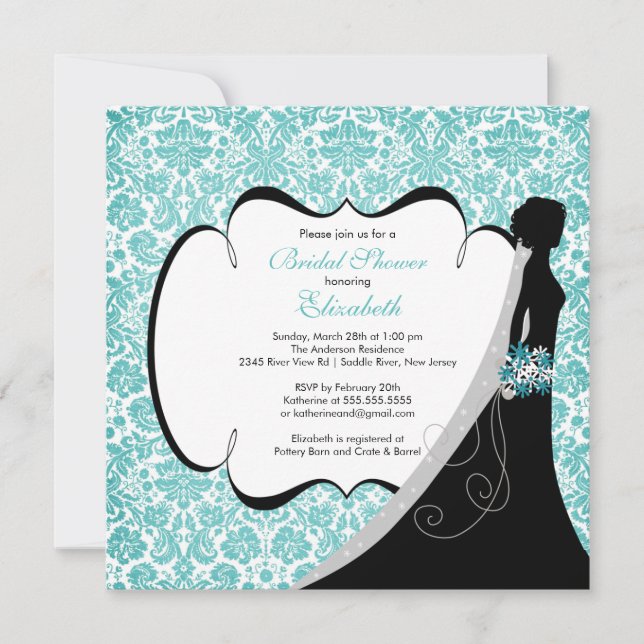 Invitación a la ducha nupcial Turquesa Damask Novi (Anverso)