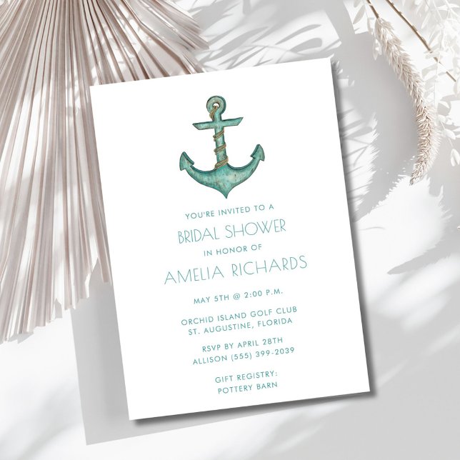 Invitación a la ducha nupcial Verde azulada de tir (Nautical Anchor Teal Stripe Bridal Shower Invite)