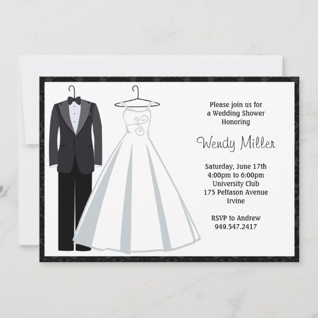 Invitación a la ducha nupcial - Vestido tux y Boda (Anverso)