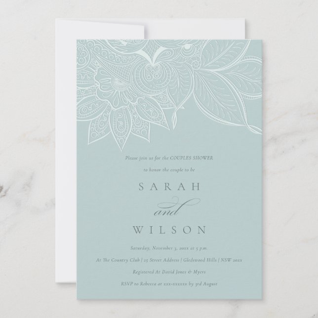 Invitación a la ducha Ornate Paisley Dusky Blue Co (Anverso)