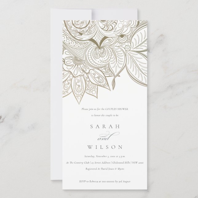 Invitación a la ducha Ornate Paisley Ivory Gold Co (Anverso)