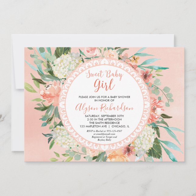 Invitación a la ducha para bebés chica melocotones (Anverso)