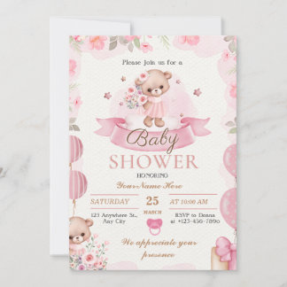 Invitación a la ducha para bebés con flores beige 
