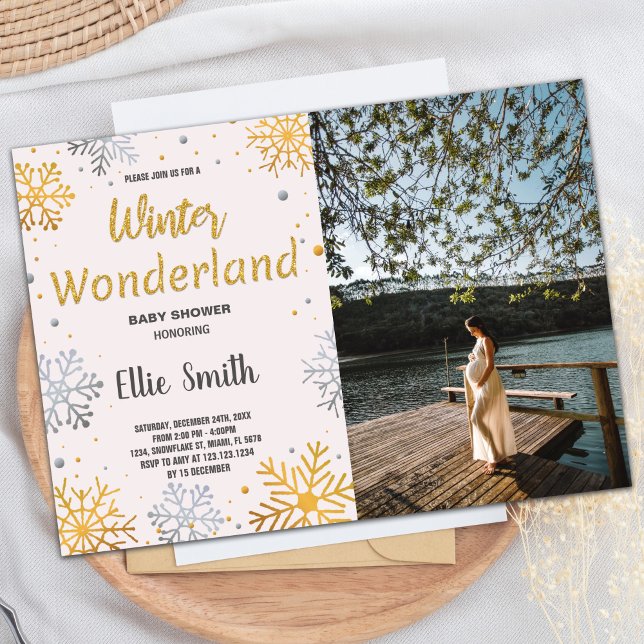Invitación a la ducha para bebés de invierno - Fot (Winter Baby Shower Invitations Golden Snow Photo)