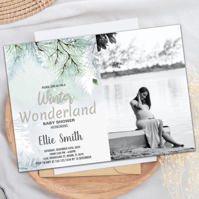 Invitación a la ducha para bebés de invierno Foto  (Winter Baby Shower Invitations Pine Glitter Photo)