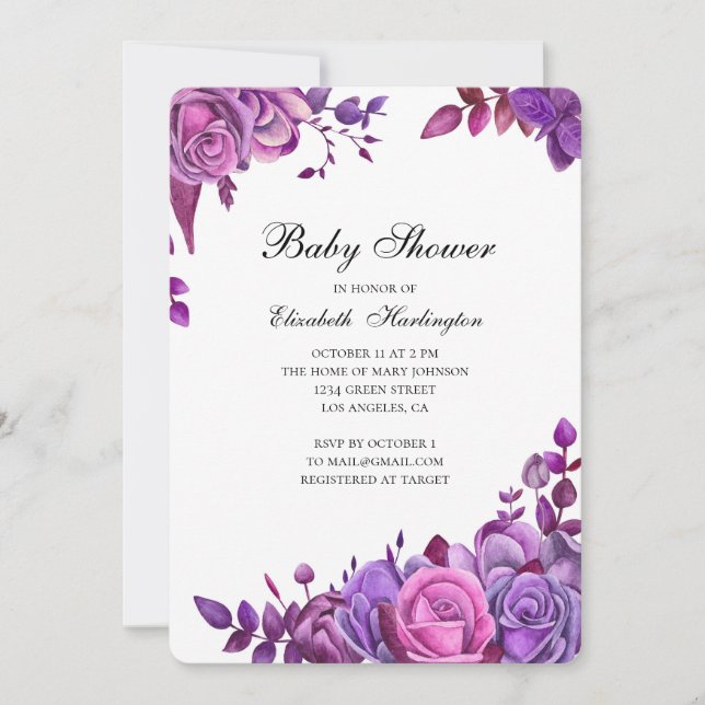Invitación a la ducha para bebés. Flores moradas y (Anverso)