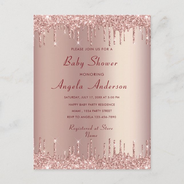 Invitación a la ducha para niñas Rosa Rubor y códi (Anverso)