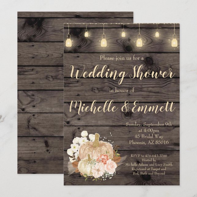Invitación a la ducha Rustic Fall Pumpkin Gold Wed (Anverso / Reverso)