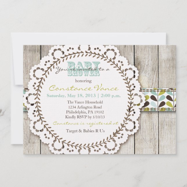Invitación a la ducha Rustic Green Blue Baby (Anverso)