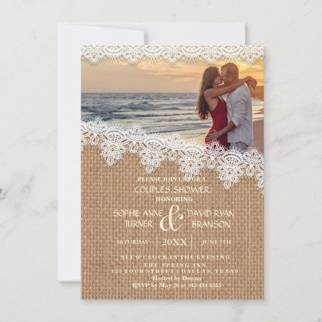 Invitación a la ducha Rústica Burlap Lace Photo Co (Anverso)