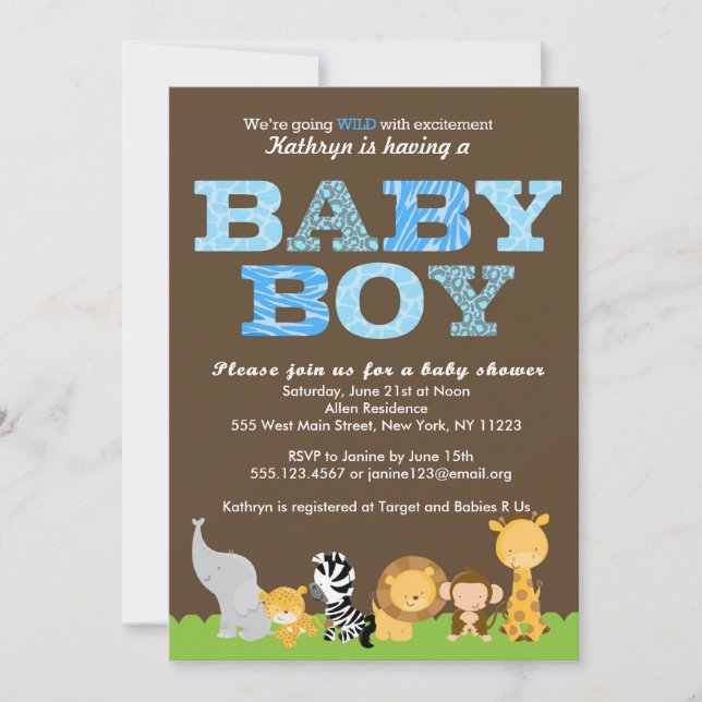 Invitación a la ducha Safari Baby Boy (Anverso)