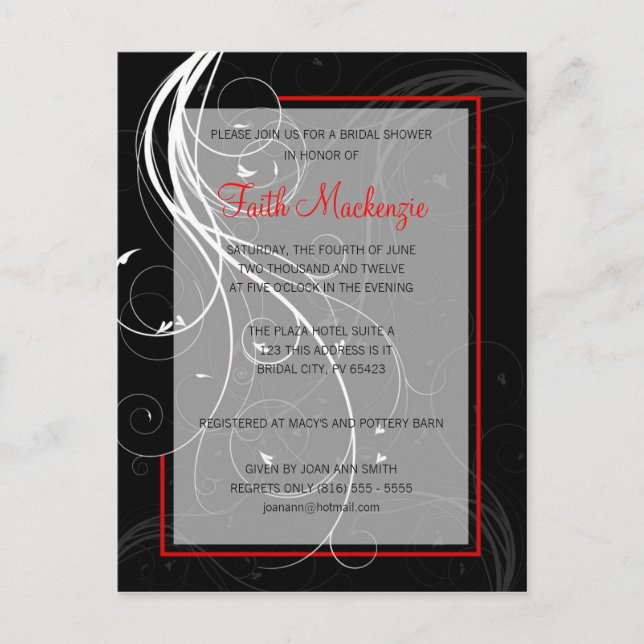 Invitación a la ducha Swirl Black and Red Wedding (Anverso)