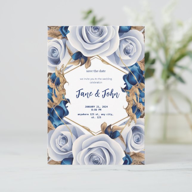 Invitación a la elegante boda azul (Anverso de pie)