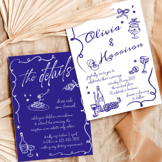 Invitación a la elegante boda azul retro dibujada