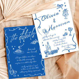 Invitación a la elegante boda azul retro dibujada