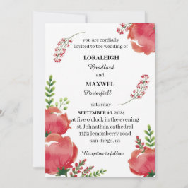 Invitación a la elegante boda blanca floral roja