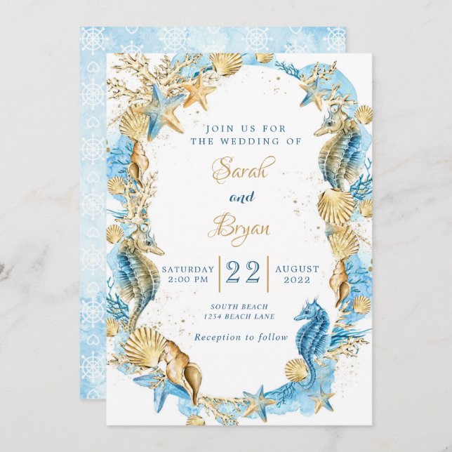 Invitación a la elegante Boda de Oro Verde azulada (Anverso / Reverso)