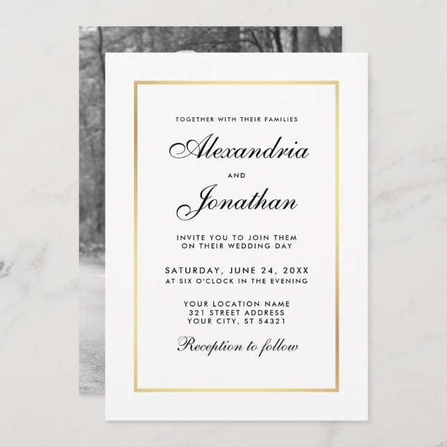 Invitación a la elegante boda moderna - foto en bl (Anverso / Reverso)