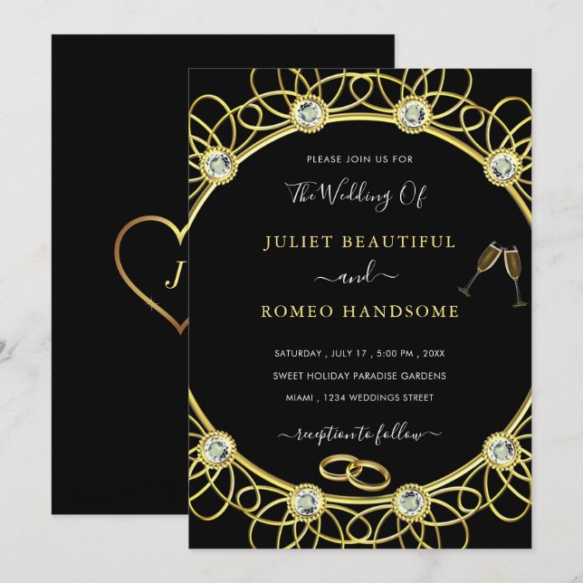 Invitación a la elegante boda negra de oro y diama (Anverso / Reverso)