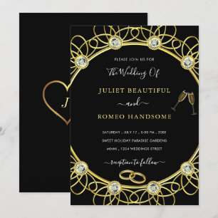 Invitación a la elegante boda negra de oro y diama