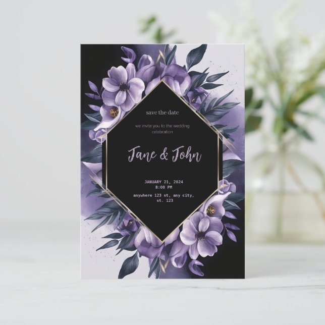 Invitación a la elegante boda púrpura [personaliza (Anverso de pie)