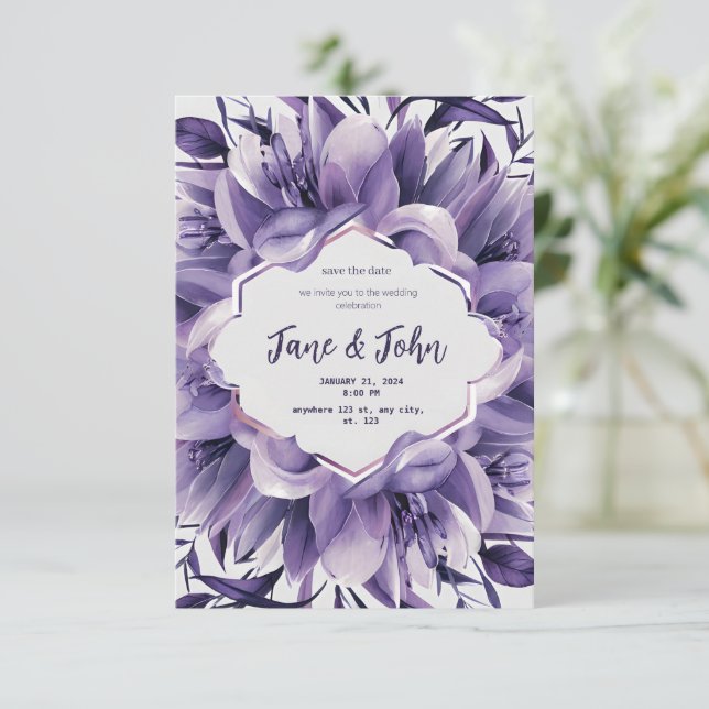 Invitación a la elegante boda púrpura [personaliza (Anverso de pie)