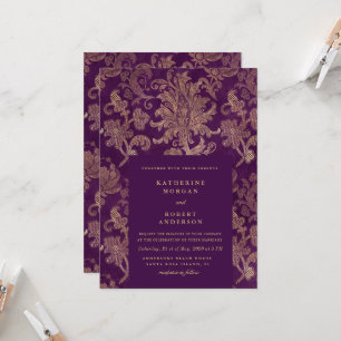 Invitación a la elegante boda púrpura Royal Damask