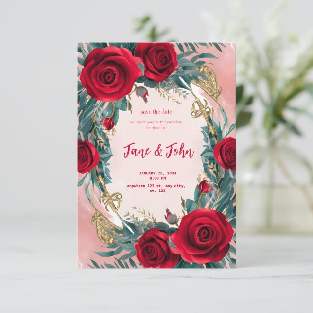 Invitación a la elegante boda roja [personalizada] (Anverso de pie)