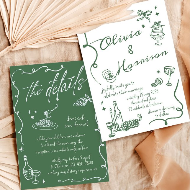 Invitación a la elegante boda verde retro dibujada (Subido por el creador)