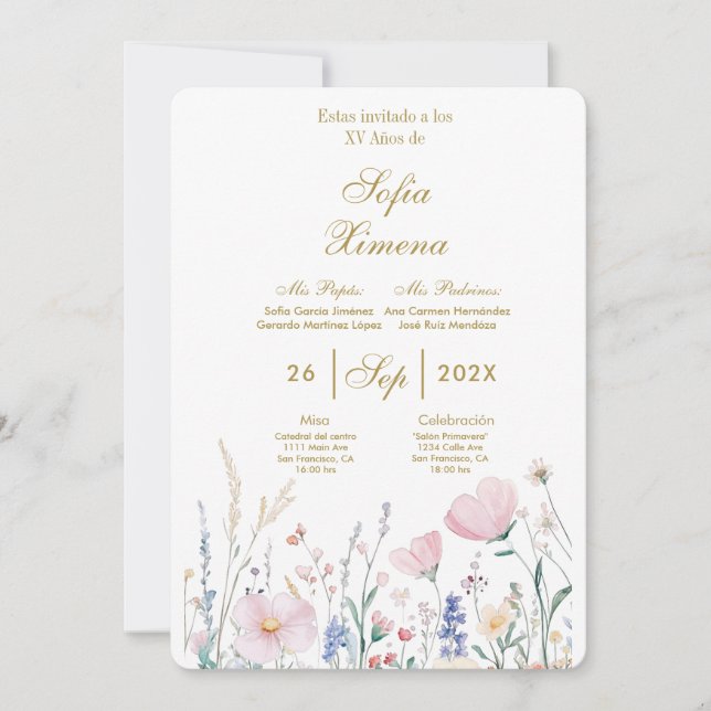 Invitación a la elegante de quinceañera (Anverso)