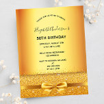 Invitación a la elegante reverencia de la fiesta d<br><div class="desc">Una invitación moderna, elegante y glamurosa para una fiesta de cumpleaños de 50 años o de cualquier edad. Un falso fondo metálico dorado con un elegante arco de oro fino, cinta y brillo. El nombre está escrito con un guión moderno de estilo con letras de color negro. Plantillas para un...</div>