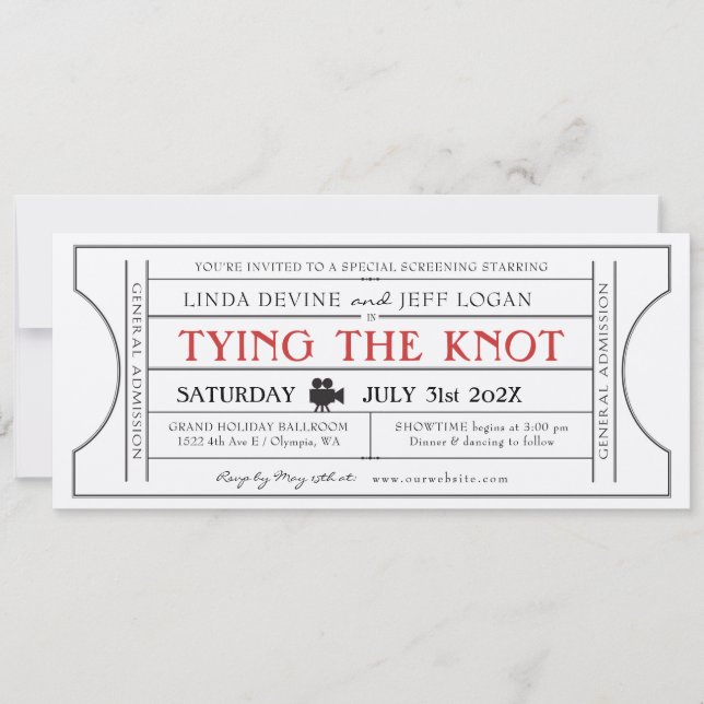 Invitación a la entrada de Boda de cine de época (Anverso)