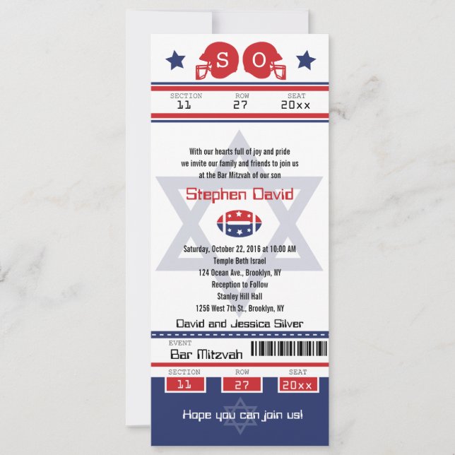 Invitación a la entrada de fútbol de Bar Mitzvah (Anverso)
