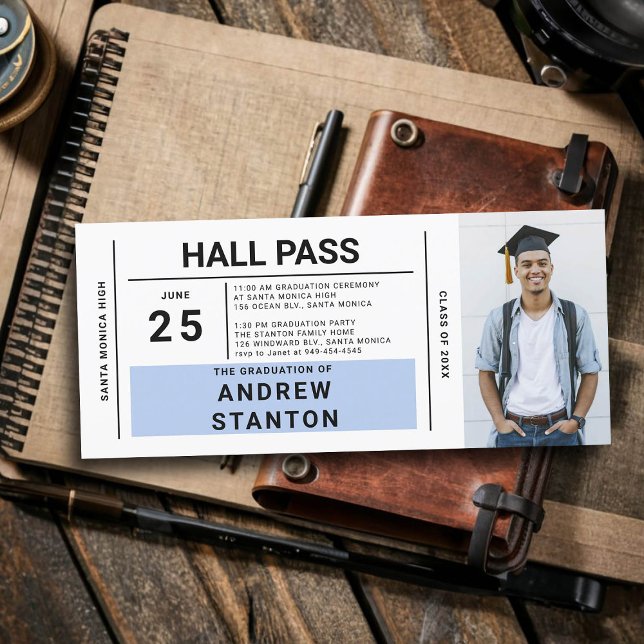 Invitación a la escuela secundaria de Hall Pass Gr (boy graduation party ideas high school hall pass invitation template male grad diy personalized blue)