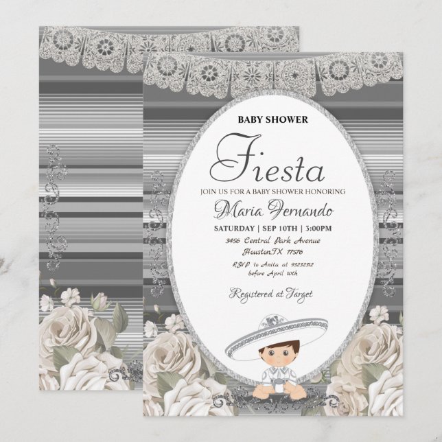Invitación a la Fiesta Baby Shower Charro de plata (Anverso / Reverso)
