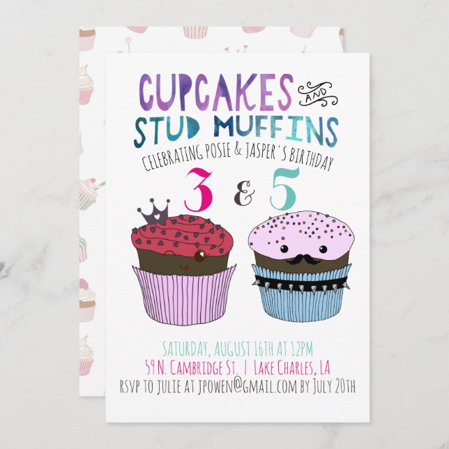 Invitación a la fiesta conjunta Cupcake & Stud Muf (Anverso / Reverso)