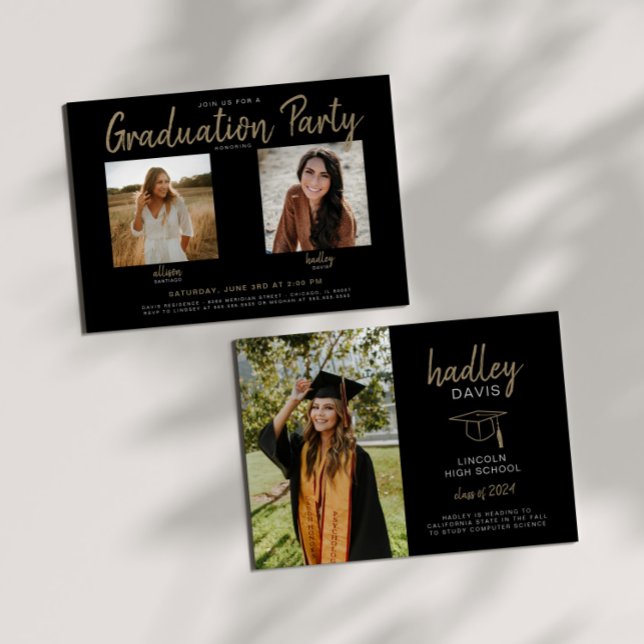 Invitación a la fiesta conjunta de graduación - Do (Front includes party info and features details of both graduates.

Back focuses on one graduate.)