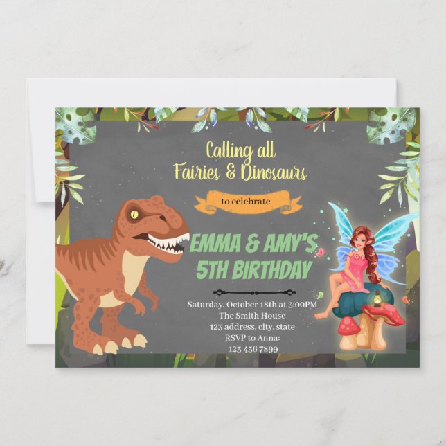 Invitación a la fiesta conjunta de hada y dinosaur (Anverso)