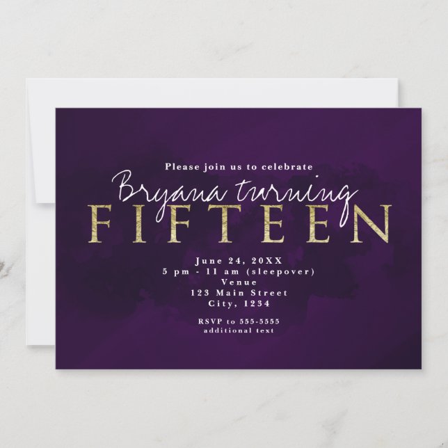 Invitación a la Fiesta de 15 años Purple Black & G (Anverso)