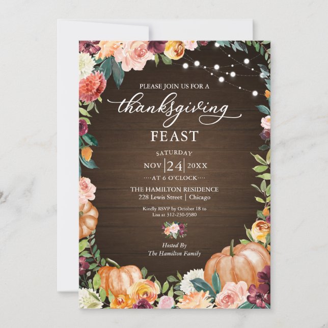 Invitación a la fiesta de Acción de Gracias floral (Anverso)