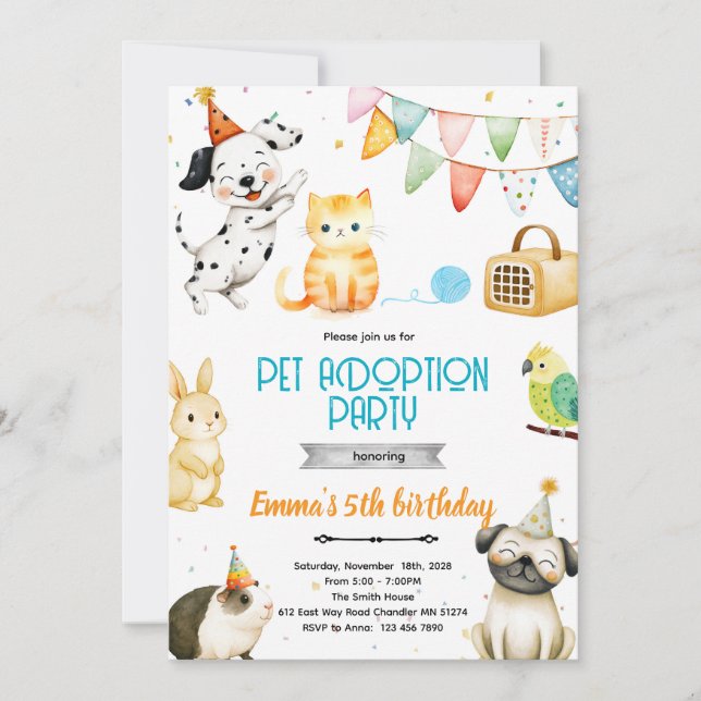 Invitación a la fiesta de adopción de mascotas (Anverso)