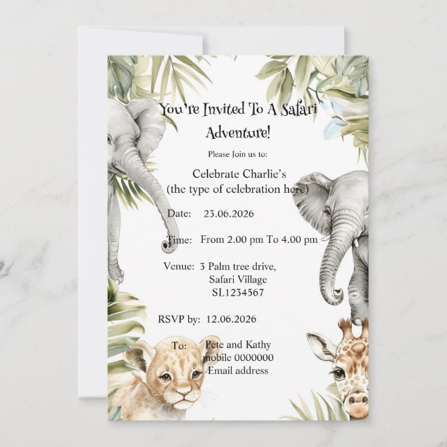 Invitación a la Fiesta de Animales Bebés de Safari (Anverso)