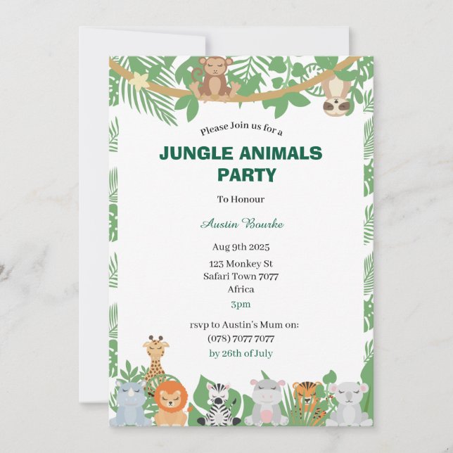 Invitación a la fiesta de animales de la jungla pe (Anverso)