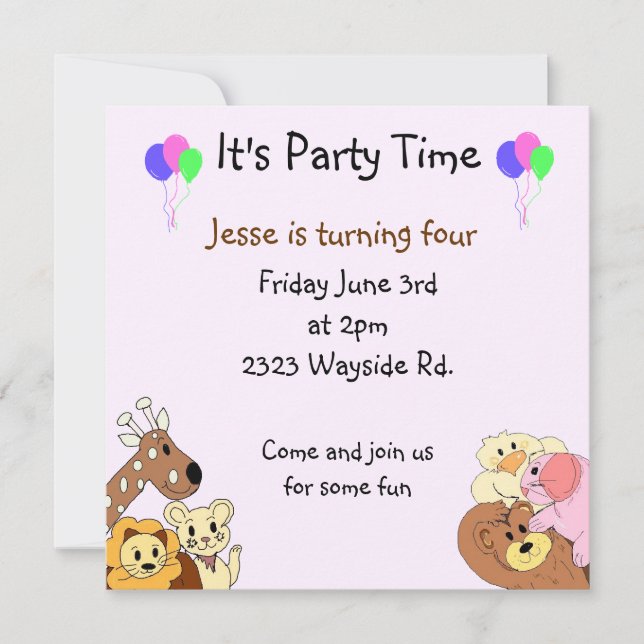 Invitación a la fiesta de animales del zoológico (Anverso)