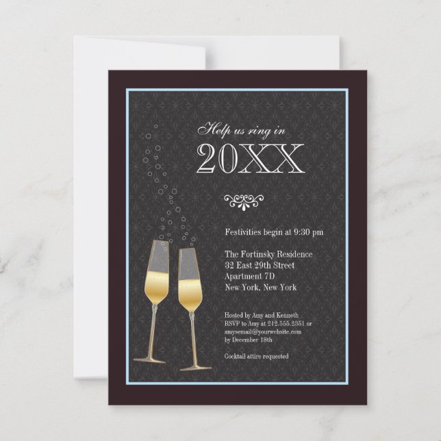 Invitación a la fiesta de Año Nuevo con champán (Anverso)
